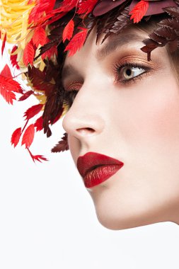 yaprakları ve çiçekleri parlak sonbahar çelenk ile güzel kızıl saçlı kız. Güzellik yüz.