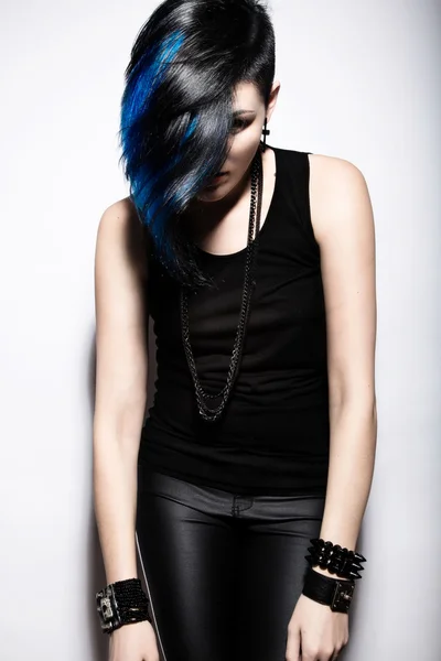 Girl with shaved head and blue hair in art gothic style with gothic accessories. — Stock Photo, Image