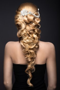 Portrait of a beautiful woman in the image of the bride with lace in her hair.  Beauty face. wedding hairstyle back view