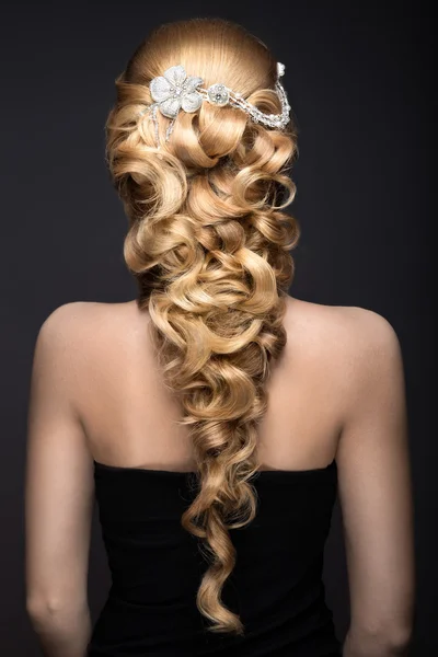 Retrato de uma mulher bonita à imagem da noiva com renda no cabelo. Cara de beleza. penteado de casamento vista traseira — Fotografia de Stock