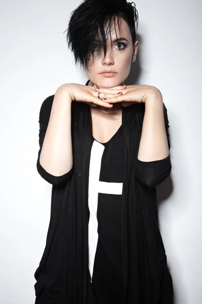 Girl in a black dress with shaved head in art gothic style. — Stock Photo, Image