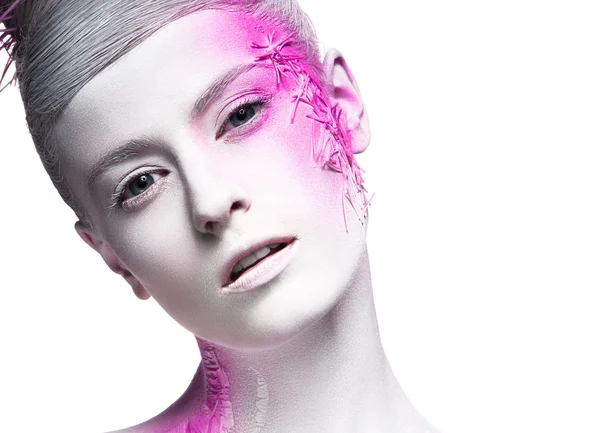 Art fashion girl with white skin and pink paint on the face.  Creative art beauty. — Stock Photo, Image