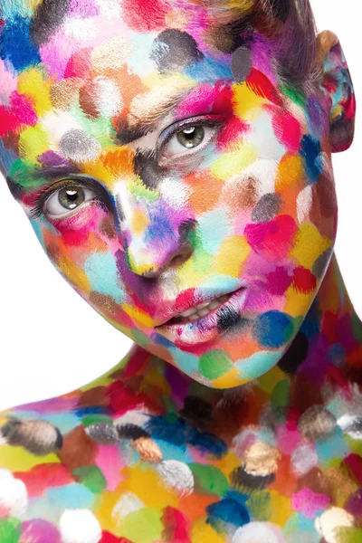 Girl with colored face painted. Art beauty image. — Stock Photo, Image