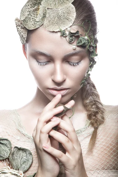Beautiful fashionable girl in  image of sea fairies with shells and algae . Art beauty face. Royalty Free Stock Images