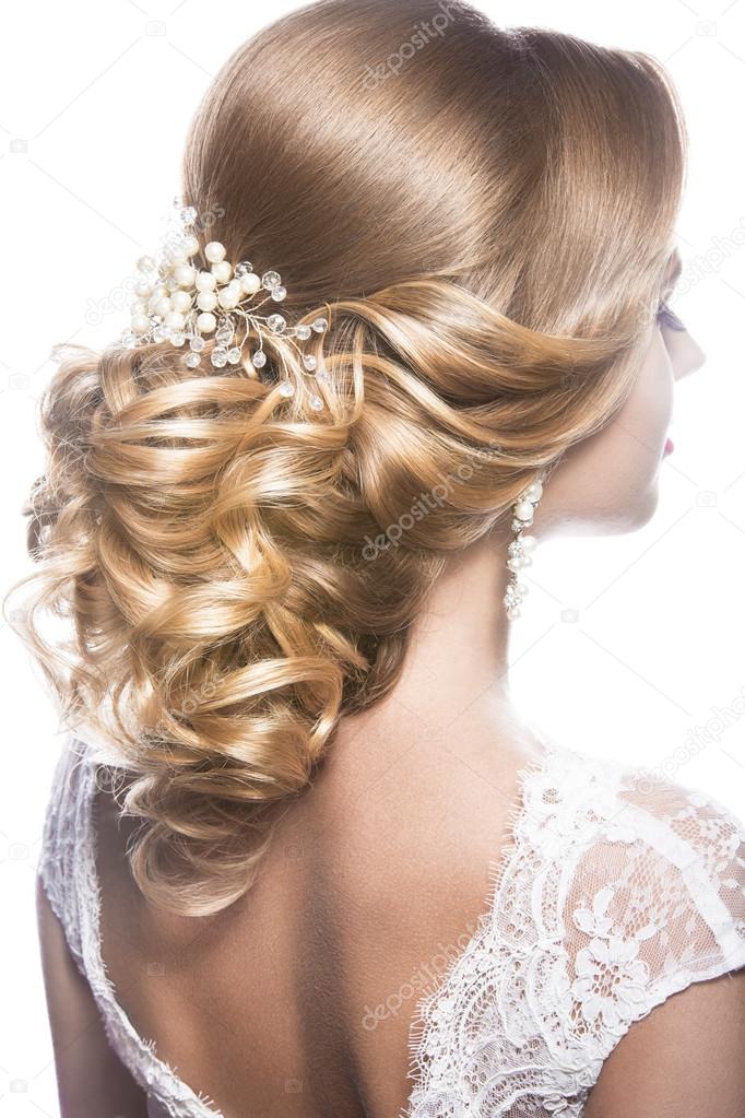 Beautiful woman in image of the bride. Beauty hair. Hairstyle back view  Stock Photo by ©kobrin-photo 79556820