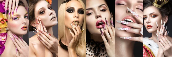 Coleção de arte de unhas. Cara de beleza. Lindas meninas modeli. Colagem . — Fotografia de Stock