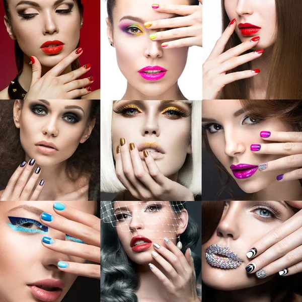 Nagelkunstsammlung. Schönheit Gesicht. schöne Mädchen modeli. Collage. — Stockfoto