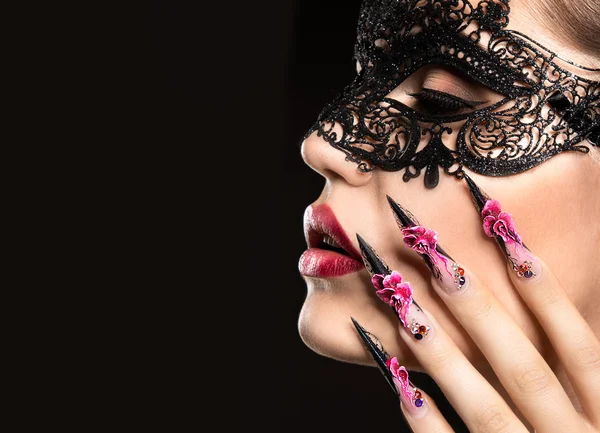 Beautiful girl in mask with long nails and sensual lips. Beauty face. — Stock Photo, Image