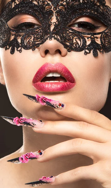 Beautiful girl in mask with long nails and sensual lips. Beauty face. — Stock Photo, Image