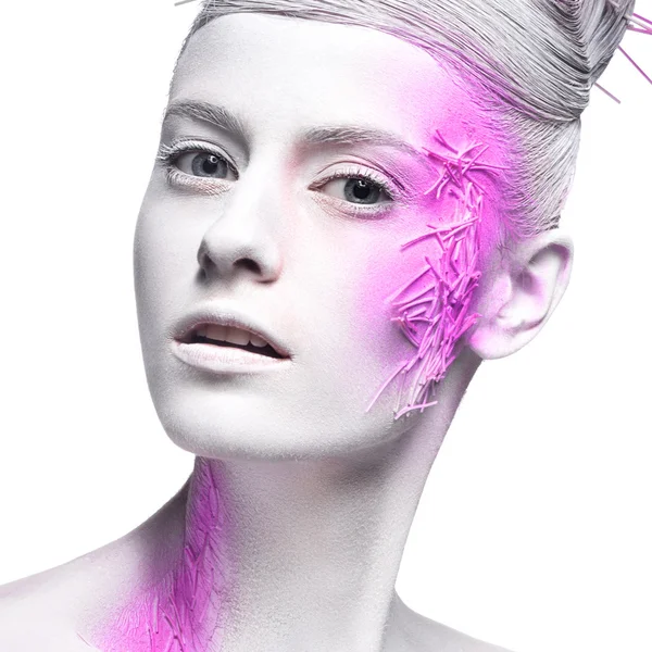 Art fashion girl with white skin and pink paint on the face.  Creative art beauty. — Stock Photo, Image