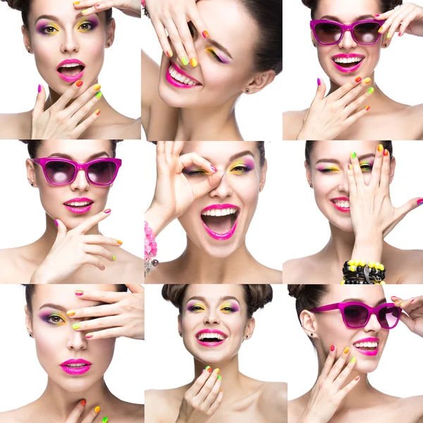 Colección de Hermosa chica modelo con maquillaje de color brillante y esmalte de uñas en la imagen de verano. Cara de belleza. Clavos cortos de colores . — Foto de Stock