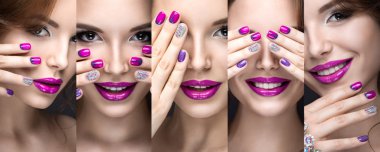 Beautiful girl with a bright evening make-up and pink manicure rhinestones. Nail design. Beauty face.  clipart