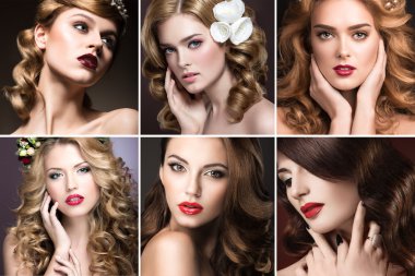 Fotoğraf topluluğu ile kız akşam makyaj ve bukleler. Seçenekleri saç modeli. 