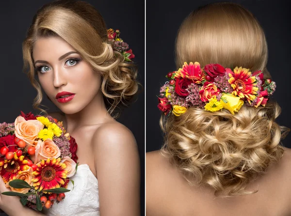 Schöne blonde Frau im Bild der Braut mit Blumen. Schönheit Gesicht und Frisur — Stockfoto