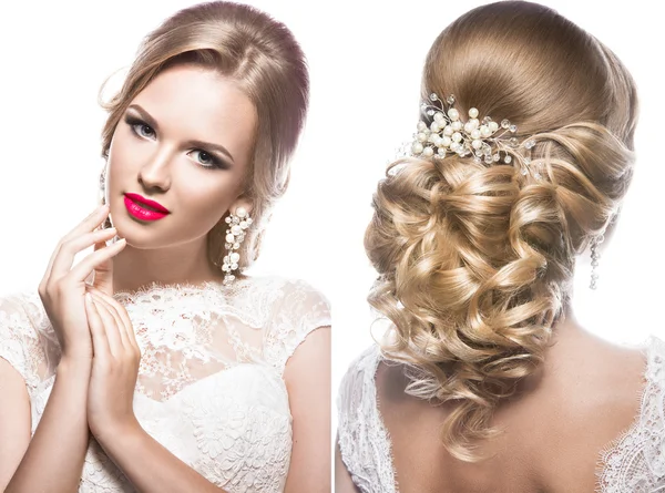 Belle femme blonde à l'image de la mariée avec des accessoires de mariage. Beauté visage et coiffure — Photo