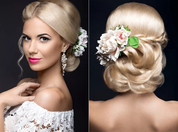 Gyönyörű szőke nő képe a menyasszony, virágokkal. Kozmetikai arc és frizura — Stock Fotó