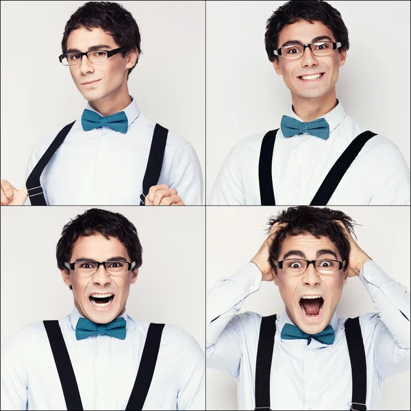 Handsome cheerful young man wearing glasses,  shirt with suspenders and a butterfly on his neck. Emotional people. Insta toned. Stock Image