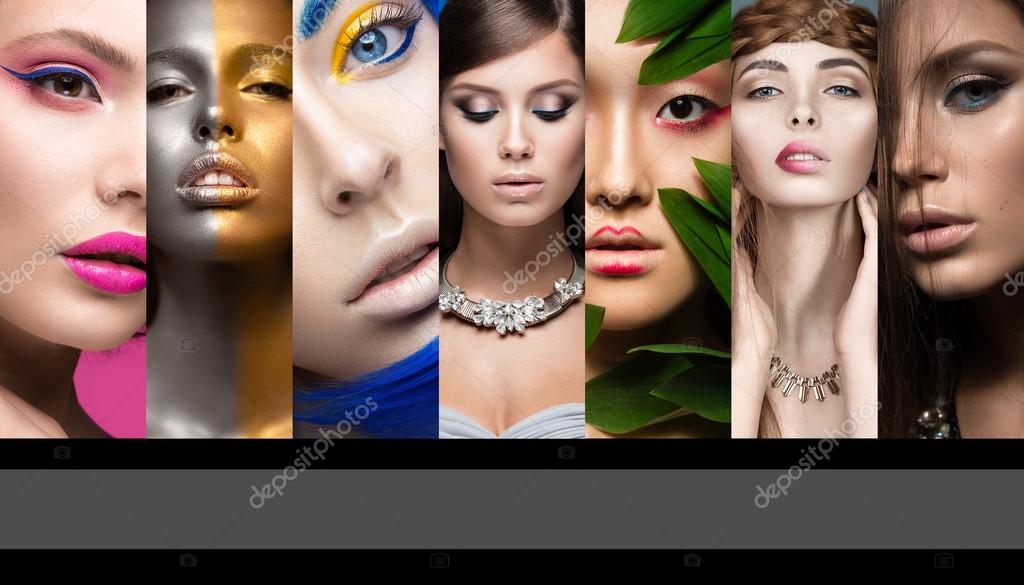 Collection of art and evening makeup. Beautiful girls. Beauty face