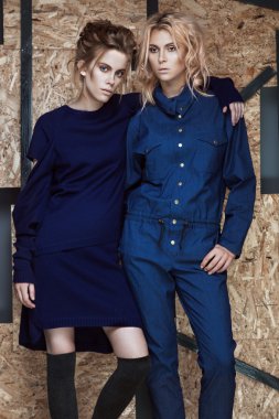 Güzel moda kızlar farklı pozlar gösterilen bir şık elbiseli. Güzellik, Stil, moda.