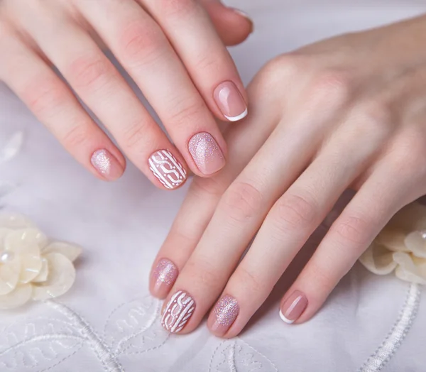 Snow White manicure on female hands. Winter nail design. — Stock Photo, Image