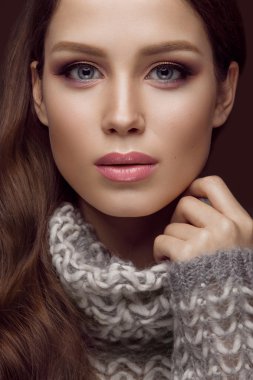 Güzel genç kız sıcak kazak ve uzun düz saç nazik makyajlı. Güzellik.