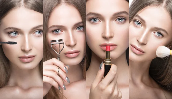 Collection of Beautiful young girl with a light natural make-up and beauty tools in hand. — Stock Photo, Image