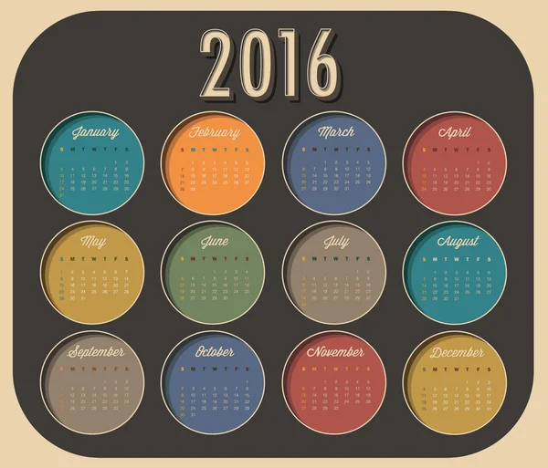 ベクトル抽象カレンダー 2016 年レトロなビンテージ スタイルのカラフルなカレンダーのデザイン。2016 カレンダーのテンプレート — ストックベクタ