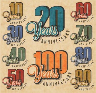 Anniversary sign collection and cards design in retro style clipart