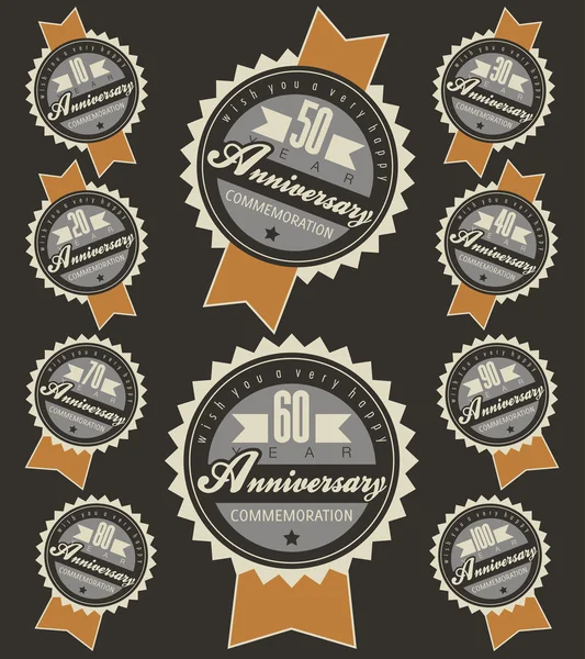 Anniversary sign collection and cards design in retro style — Stock Vector