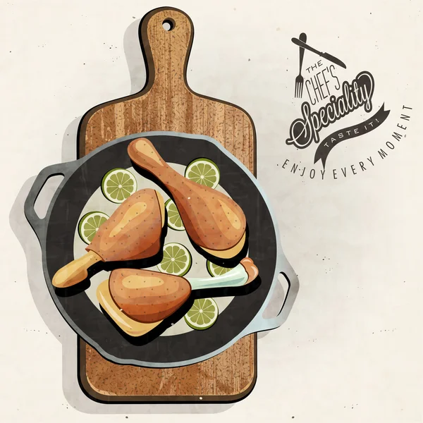 Pollo de estilo vintage retro en una sartén vieja — Vector de stock