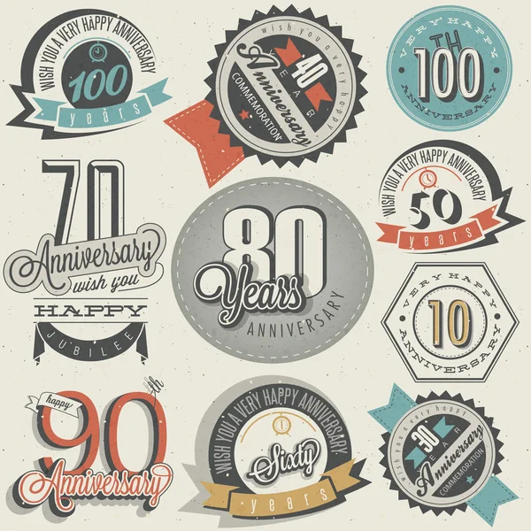 Anniversary sign collection and cards design in retro style — Stock Vector