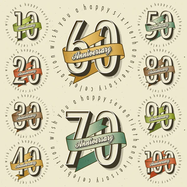 Anniversary sign collection and cards design in retro style. T — Stock Vector