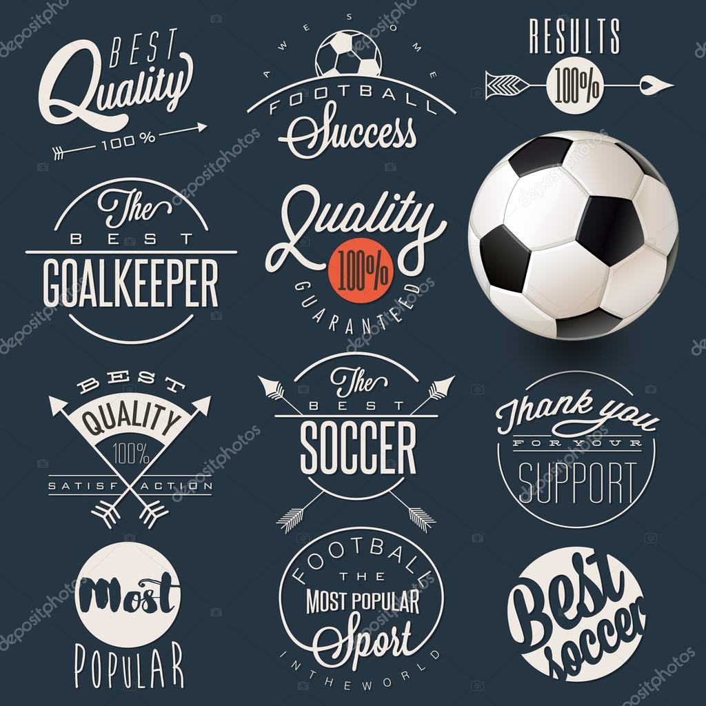 Set of Calligraphic titles and symbols for football. Hand lettering soccer slogans. One realistic vector illustrated Soccer Ball.