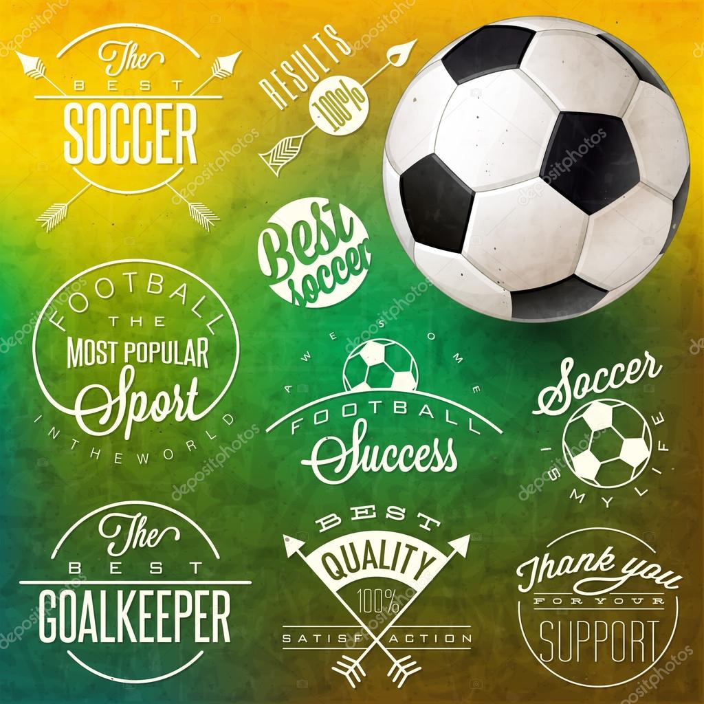 Set of Calligraphic titles and symbols for football. Hand lettering soccer slogans. One realistic vector illustrated Soccer Ball.