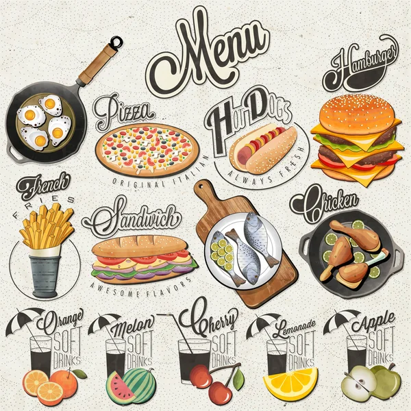 Retro vintage style fast food and drinks designs. — Stock Vector