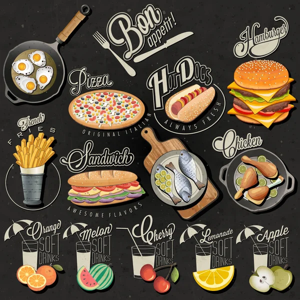 Diseño de comida rápida y bebidas estilo retro vintage — Archivo Imágenes Vectoriales