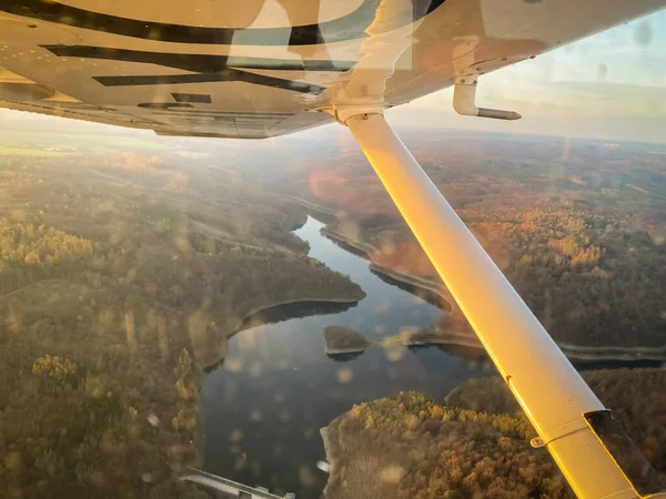 Bela Vista Aérea Campo Durante Pôr Sol Partir Uma Janela — Fotografia de Stock