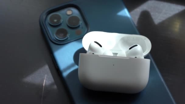 Apple Airpods Pro Isolated Wooden Surface New Airpods Pro Features — 图库视频影像