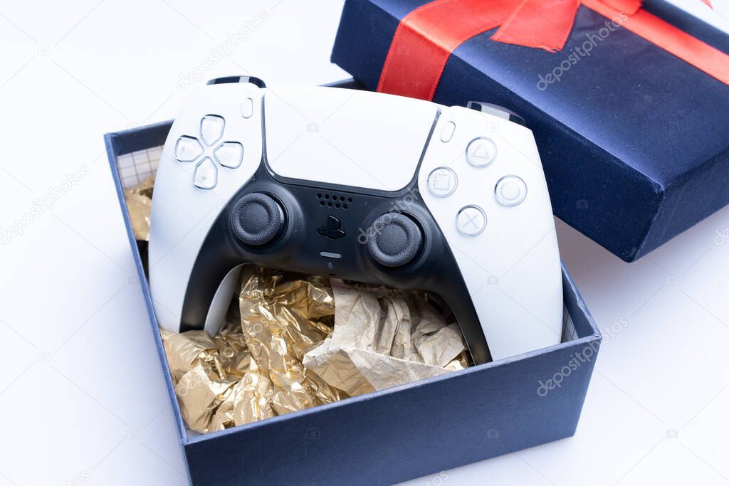 Playstation 5 DualSense controller presented in a gift box. Suitable gift for men and boys