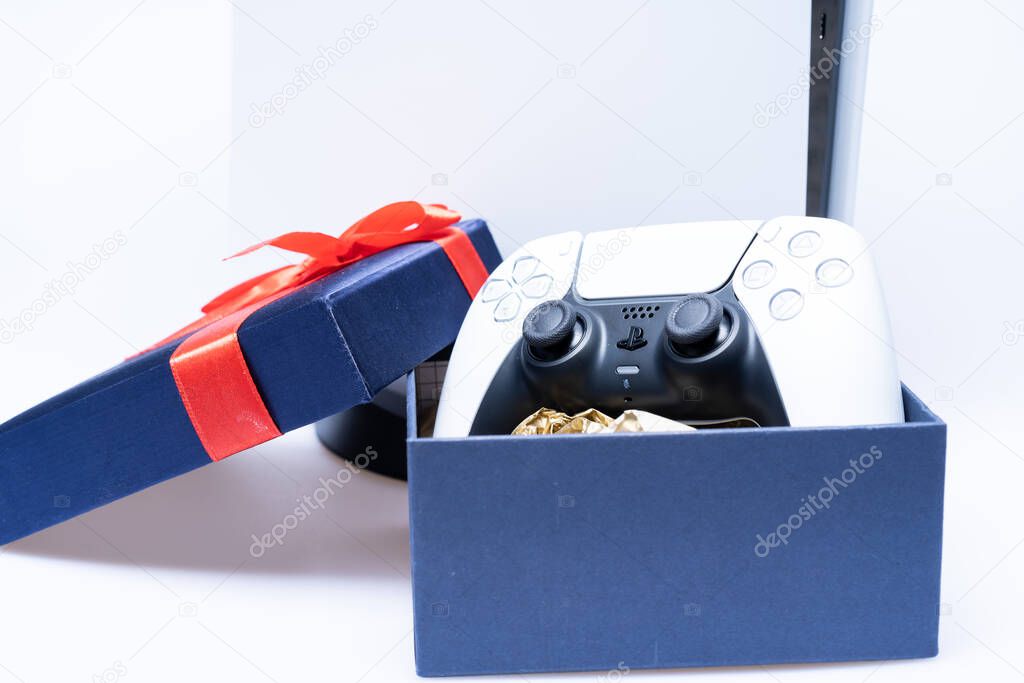 Playstation 5 DualSense controller presented in a gift box. Suitable gift for men and boys