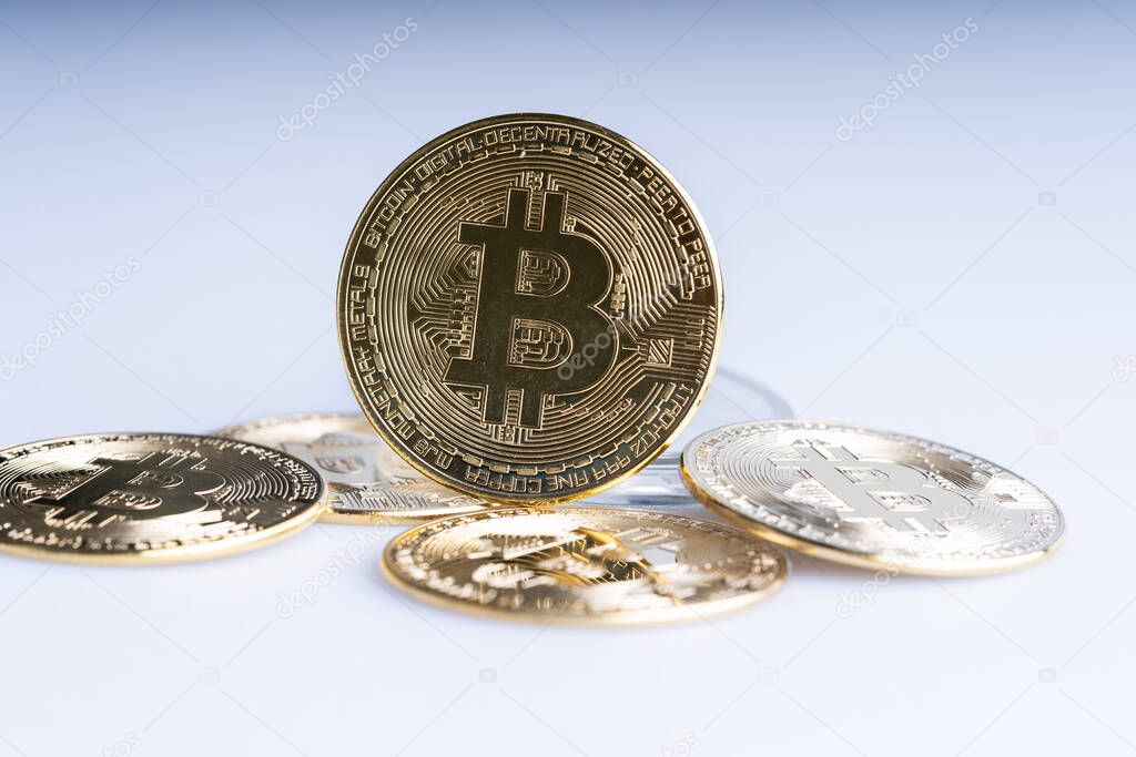 Cryptocurrency investment Concept. Bitcoin replica on white background