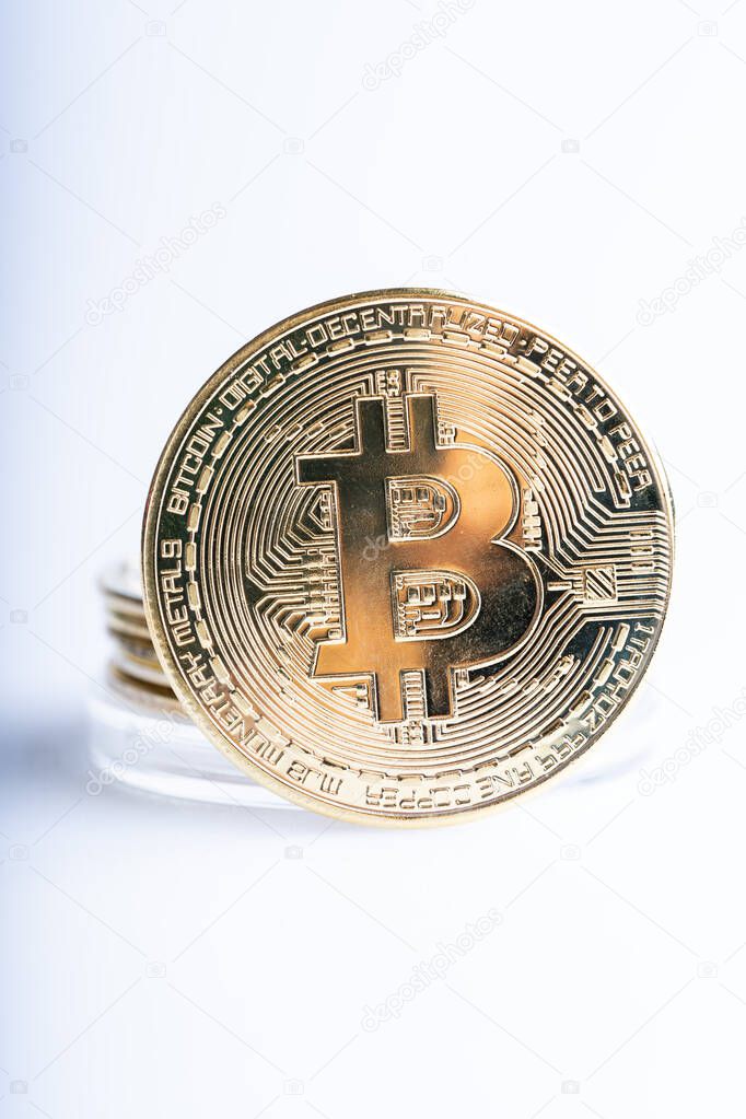Cryptocurrency investment Concept. Bitcoin replica on white background