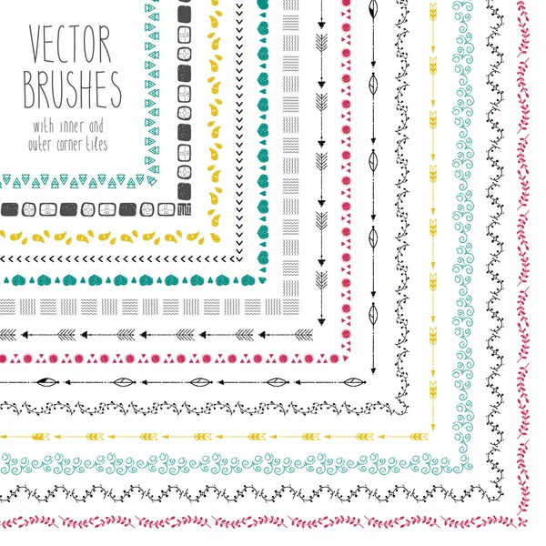 Vector set of hand drawn brushes with corner tiles — Stock Vector