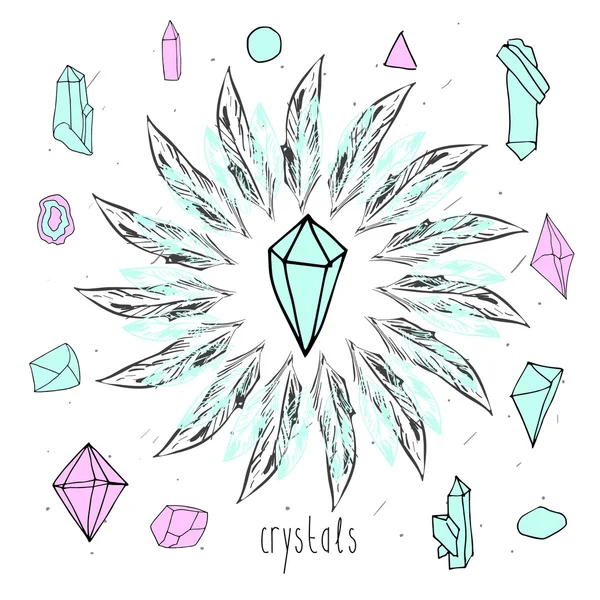 Геометрические многоугольные цветные кристаллы с перьями . — стоковый вектор