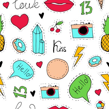 Pop sanat tarzında elle çizilmiş kusursuz bir desen. Beyaz arkaplanda renk izi