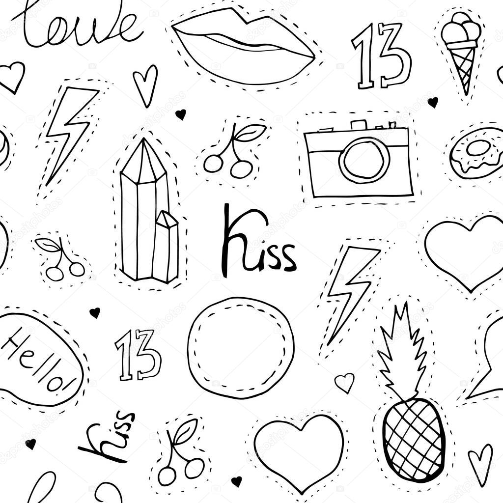 Hand-drawn seamless pattern in pop art style. Black print on white background