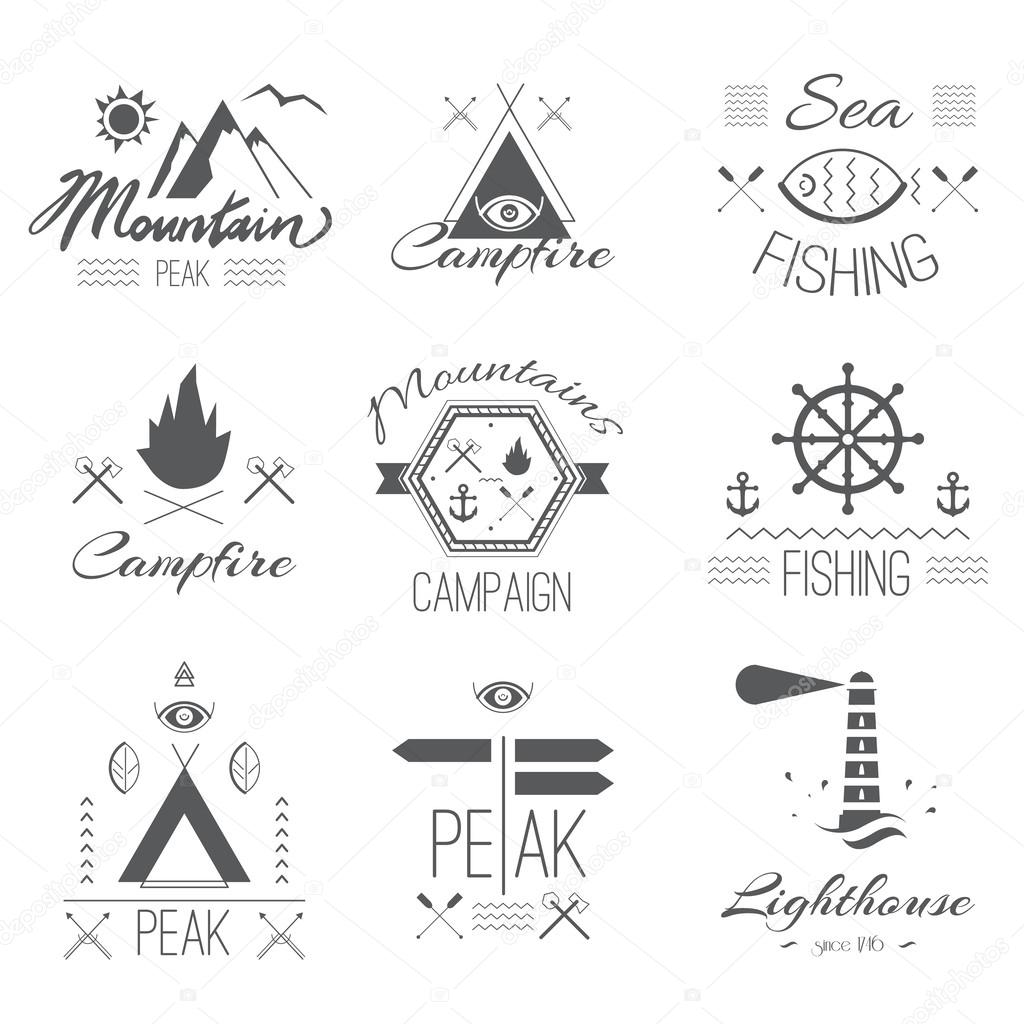 Set of icons on a hike in the mystical retro style 