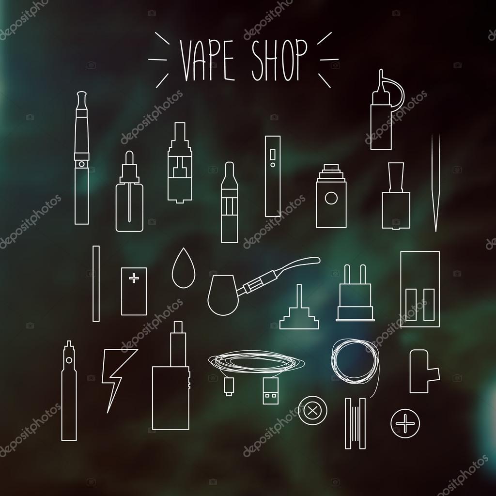 The linear icons on a blurred background. Vape shop.