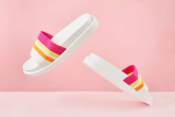 Pair Colorful Multicolored Rainbow Flip Flops Sandals Pastel Background — Stock Photo, Image