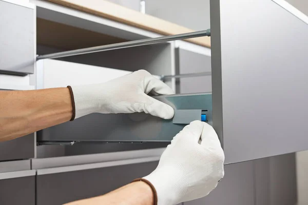 Handyman Assembling Sets Drawer Kitchen Worker Fix Furniture Mechanism Cabinet — Stock Photo, Image